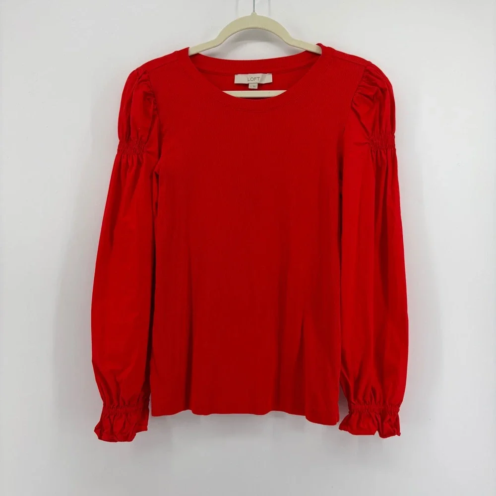 LOFT Womens Small Red Top Long Puff Sleeve Ribbed Mixed Media Smocked Cuff